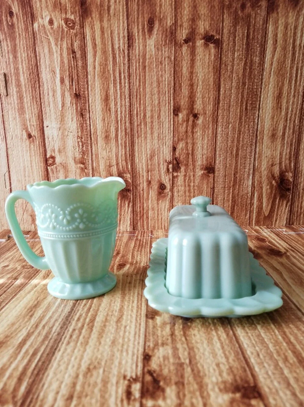 Pioneer Woman Timeless Beauty Jade Green Glass Butter Dish and Creamer Set